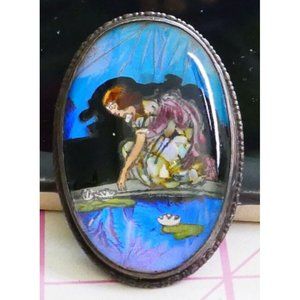 Antique English Butterfly Wing Hand Painted Brooch Sterling Frame Pat Aug 1924